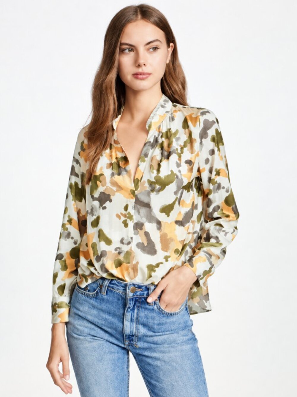 Zadig & Voltaire Tink Camou Long Sleeve Blouse Beige Multi Camouflage Print Top